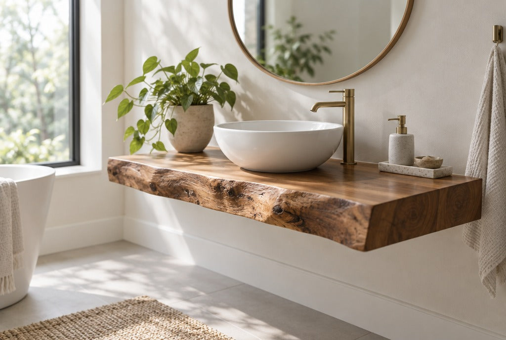 A floating live-edge solid wood bathroom vanity with a vessel sink, a round mirror and a plant in a bright bathroom