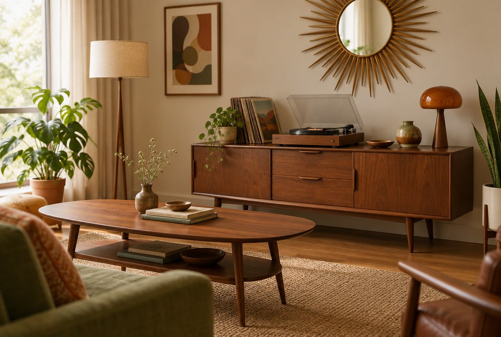 A warm retro living room with a mid-century solid wood TV console, a record player, a vintage-style coffee table and a sunburst-shaped mirror