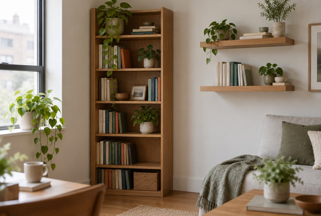 A solid wood corner bookshelf and floating wall shelves with books and plants in a small cozy apartment