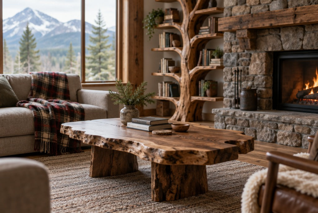 A cozy mountain cabin living room with a live-edge solid wood coffee table, a tree bookshelf, a plaid blanket and a stone fireplace