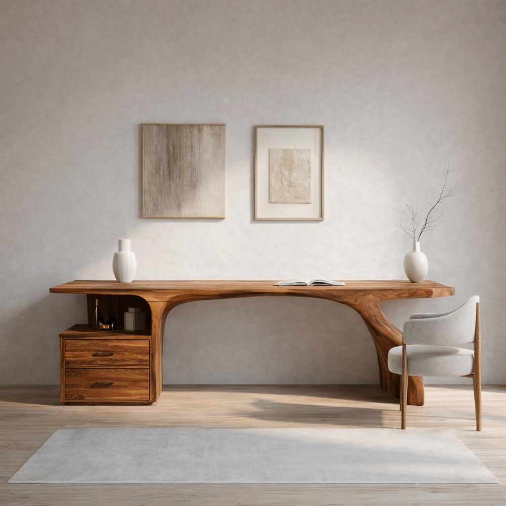 Organic Live Edge Wood Desk With Storage Drawers For Workspace