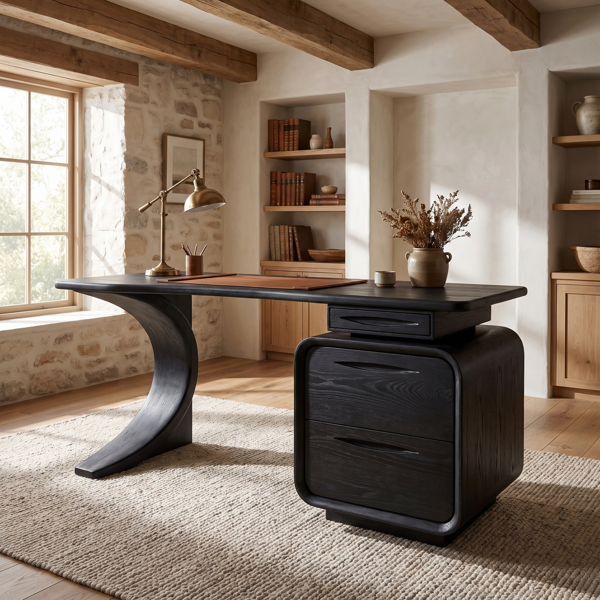 Aurelith Sculpted Solid Wood Desk With Drawers