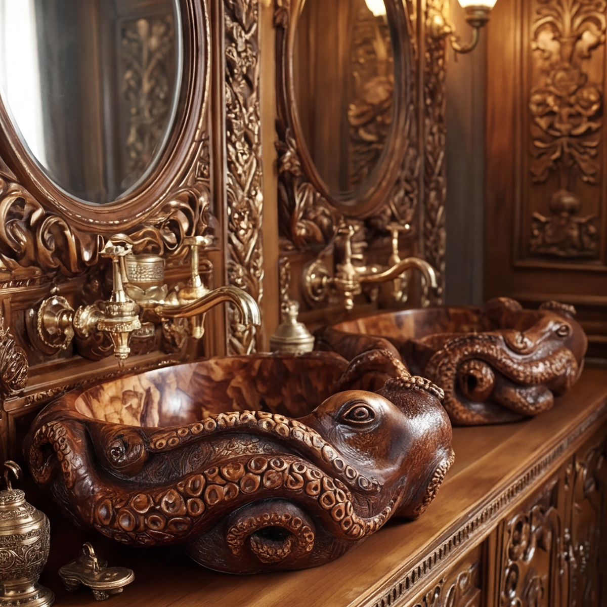 Nautivar Octopus Form Handcarved Solid Wood Sculpted Vessel Sink