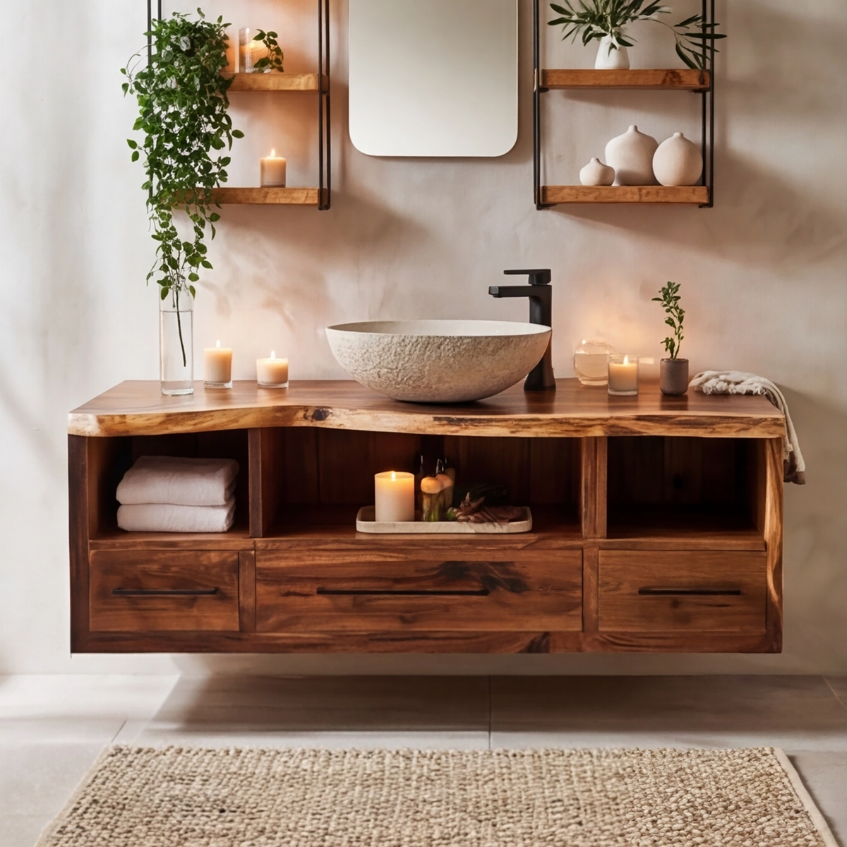Vareon Live Edge Solid Wood Floating Bathroom Vanity With Drawers