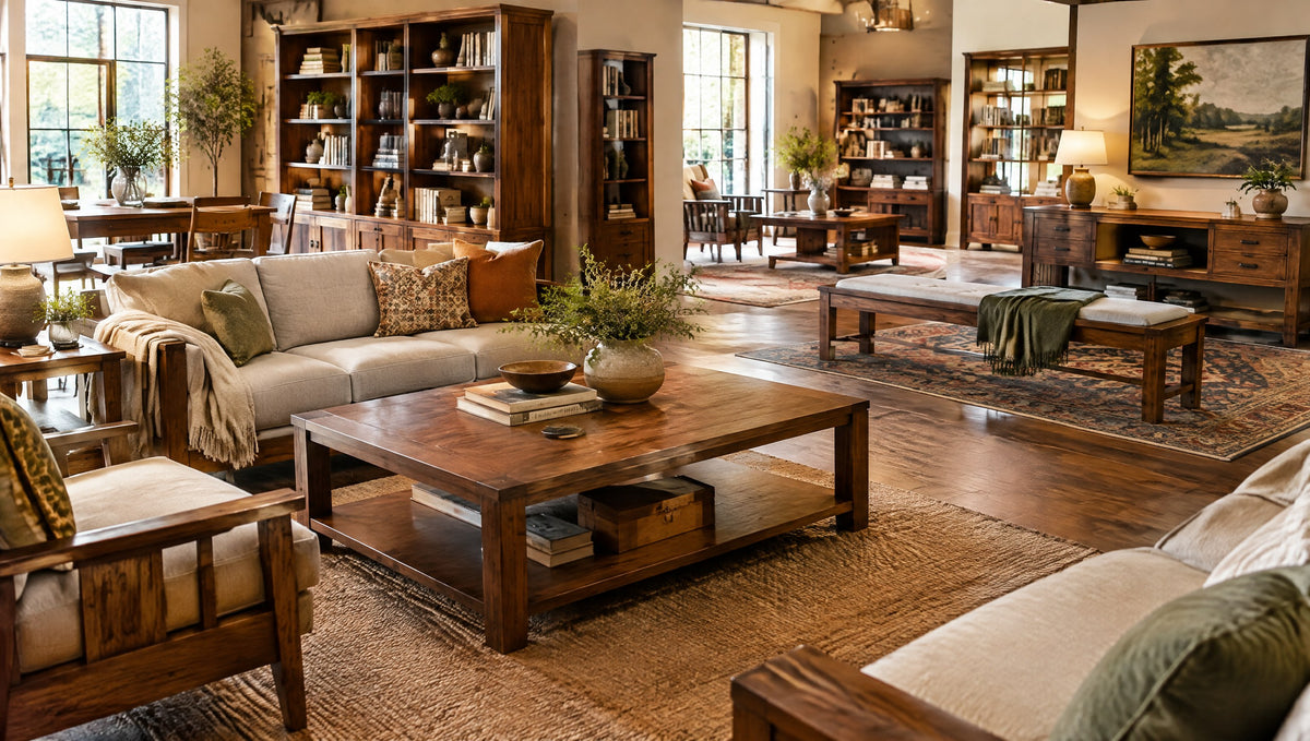 Inside a warm showroom with newly built nostalgic-style solid wood furniture