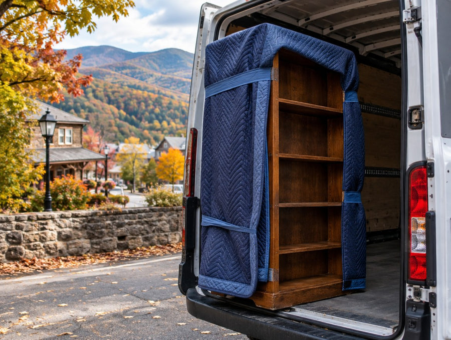 A blanket-wrapped solid wood bookshelf loaded into a delivery van in a Tennessee mountain town
